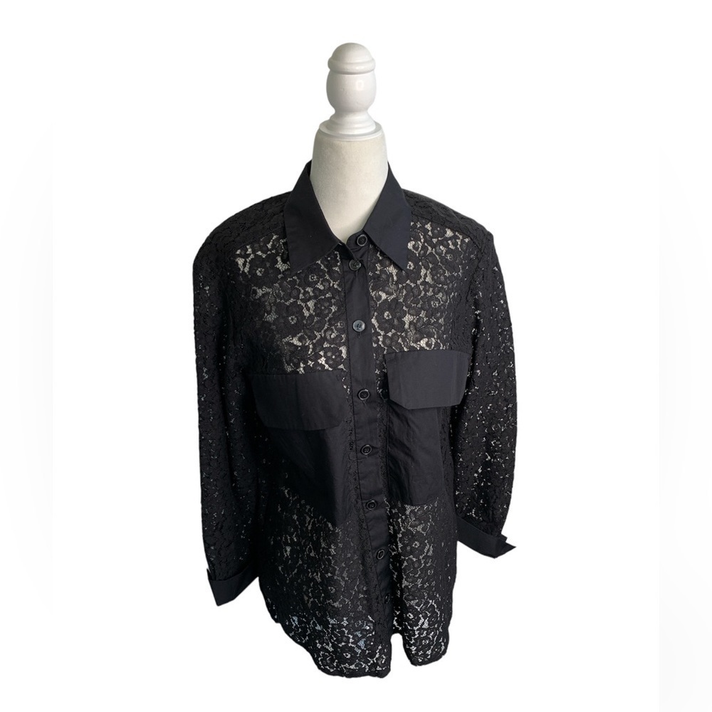 Zara Black Button Down Lace Pocket See Through Oversized Blouse sz XS